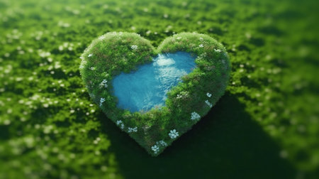 An eye catching illustration of "Heart shaped planet on green meadow for earth day". Created using Generative AI tools.の素材