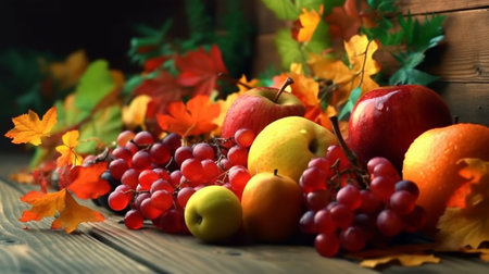 An eye catching illustration of "Autumn leaves and fruits on a wooden table, Thanksgiving day". Created using Generative AI tools.の素材