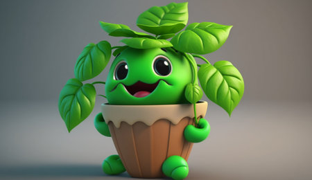 An eye catching illustration of "Cute Cartoon Basil Plant Character" made with the help of Generative AI.の素材