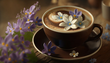 An eye catching illustration of "Beautiful Cappuccino on a Wooden Table with Spring Flowers" made with the help of Generative AI.の素材