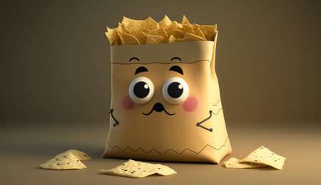An eye catching illustration of "Cute Cartoon Bag of Tortilla Chips" made with the help of Generative AI.の素材