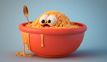 An eye catching illustration of "Cute Cartoon Bowl of Spaghetti" made with the help of Generative AI.の素材