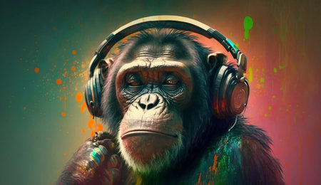 An eye catching illustration of "Chimpanzee Wearing Headphones and Listening to Music on a Colorful Background" made with the help of Generative AI.の素材