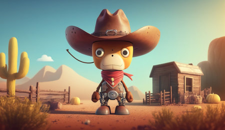 An eye catching illustration of "Cute Cartoon Cowboy on a Ranch" made with the help of Generative AI.の素材