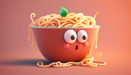 An eye catching illustration of "Cute Cartoon Bowl of Spaghetti" made with the help of Generative AI.の素材