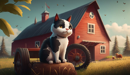 An eye catching illustration of "Cute Cartoon Cat on a Farm" made with the help of Generative AI.の素材