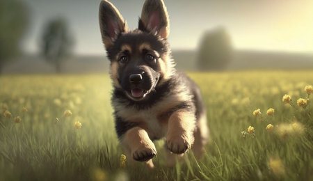An eye catching illustration of "Cute Cartoon German Shepherd Puppy Running through a Meadow". Created using Generative AI tools.の素材
