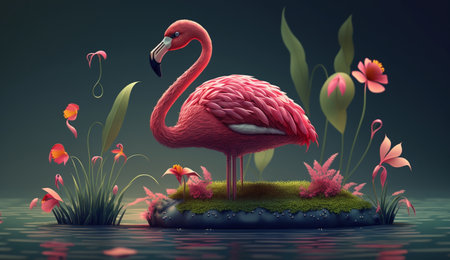 An eye catching illustration of "Cute Cartoon Flamingo in a Pond with Flowers". Created using Generative AI tools.の素材