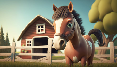 An eye catching illustration of "Cute Cartoon Horse on a Farm". Created using Generative AI tools.の素材