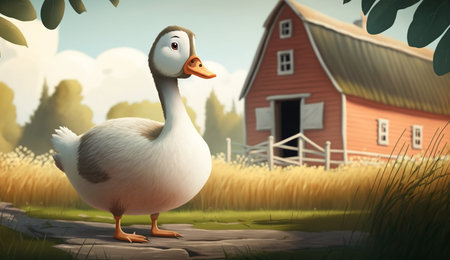 An eye catching illustration of "Cute Cartoon Goose on a Farm". Created using Generative AI tools.の素材