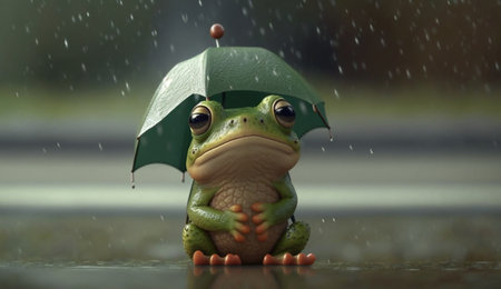 An eye catching illustration of "Cute Cartoon Frog Holding an Umbrella in the Rain". Created using Generative AI tools.の素材