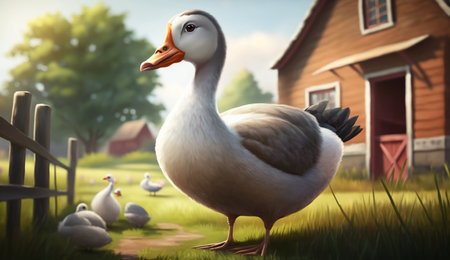 An eye catching illustration of "Cute Cartoon Goose on a Farm". Created using Generative AI tools.の素材