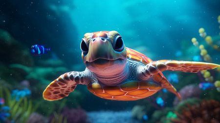 An eye catching illustration of "Cute Cartoon Sea Turtle Underwater". Created using Generative AI tools.の素材
