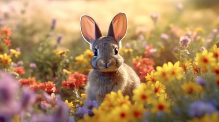 An eye catching illustration of "Cute Easter Bunny in a Field of Flowers". Created using Generative AI tools.の素材