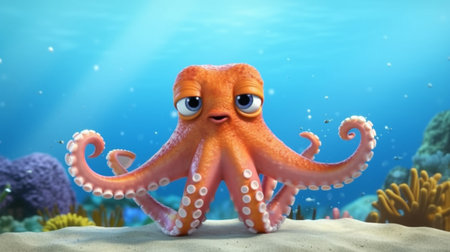 An eye catching illustration of "Cute Cartoon Octopus Character Underwater in the Ocean". Created using Generative AI tools.の素材