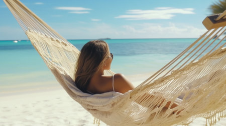 An eye catching illustration of "Woman on Vacation Relaxing in a Hammock on a Tropical Beach". Created using Generative AI tools.の素材