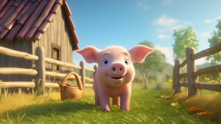 An eye catching illustration of "Cute Cartoon Pig on a Farm". Created using Generative AI tools.の素材