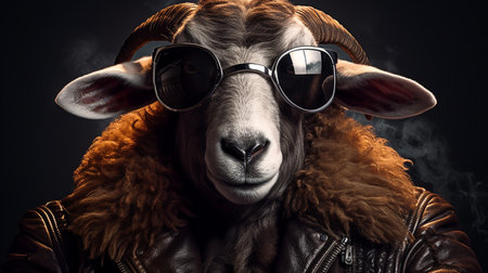 An eye catching illustration of "Portrait of a Sheep in a Leather Jacket and Sunglasses". Created using Generative AI tools.の素材