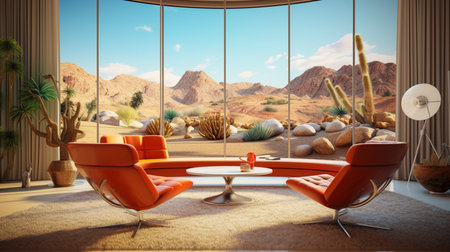 An eye catching illustration of "Mid Century Modern Living Room with a Desert Landscape". Created using Generative AI tools.の素材