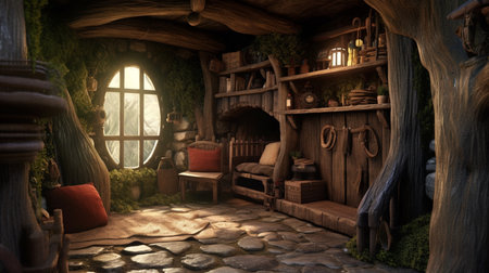 An eye catching illustration of "Interior of Small Elf or Dwarf House". Created using Generative AI tools.の素材