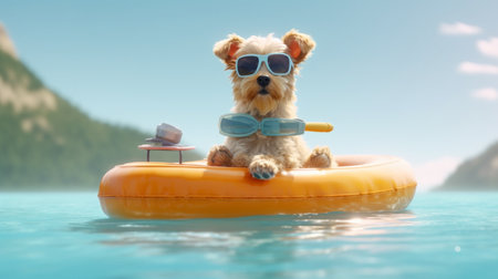 An eye catching illustration of "Cute Dog Floating on a Raft with Sunglasses". Created using Generative AI tools.の素材