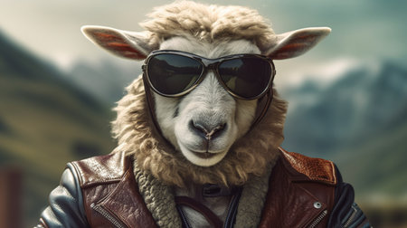 An eye catching illustration of "Portrait of a Sheep in a Leather Jacket and Sunglasses". Created using Generative AI tools.の素材