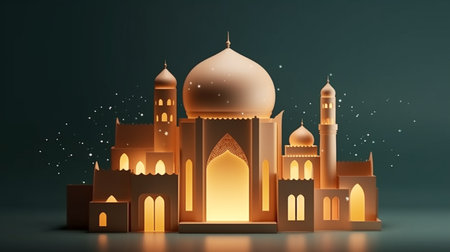 An eye catching illustration of "Illustration of eid mubarok night with light of lamp, paper style, luxury happy eid background". Created using Generative AI tools.の素材