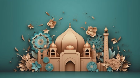 An eye catching illustration of "Illustration of Islamic theme design with floral motives for Ramadhan and Eid Fitri celebration". Created using Generative AI tools.の素材