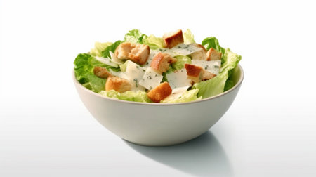 An eye catching illustration of "Caesar salad in take away bowl on white background". Created using Generative AI tools.の素材