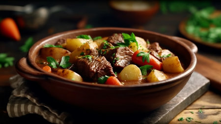 An eye catching illustration of "Beef stew with potatoes, carrots and herbs". Created using Generative AI tools.の素材