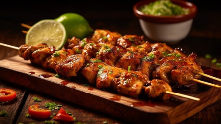 An eye catching illustration of "Chicken Skewers with Chili and Lime". Created using Generative AI tools.の素材