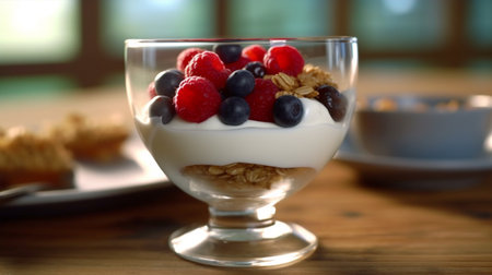 An eye catching illustration of "Healthy breakfast, Yogurt with granola and berries". Created using Generative AI tools.の素材