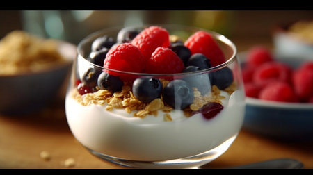 An eye catching illustration of "Healthy breakfast, Yogurt with granola and berries". Created using Generative AI tools.の素材