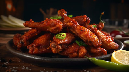 An eye catching illustration of "Crispy and Spicy Chicken Wings food photo". Created using Generative AI tools.の素材