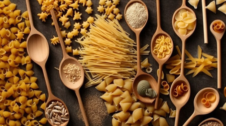 An eye catching illustration of "Different pasta types in wooden spoons on the table". Created using Generative AI tools.の素材