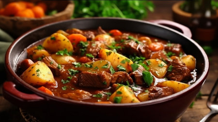 An eye catching illustration of "Irish stew made with beef, potatoes, carrots and herbs". Created using Generative AI tools.の素材