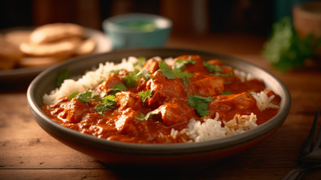 An eye catching illustration of "Indian butter chicken background". Created using Generative AI tools.の素材