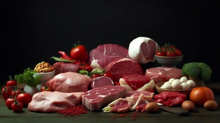 An eye catching illustration of "Raw meat assortment, beef, chicken, turkey". Created using Generative AI tools.の素材