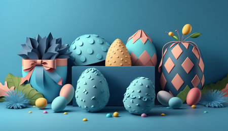 An eye catching illustration of "Easter banner with beautifully painted eggs blue background". Created using Generative AI tools.の素材