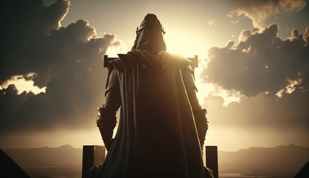 An eye catching illustration of "Back view of Jesus Christ with crown of throne looking and praying to god with a sunrise sky background". Created using Generative AI tools.の素材