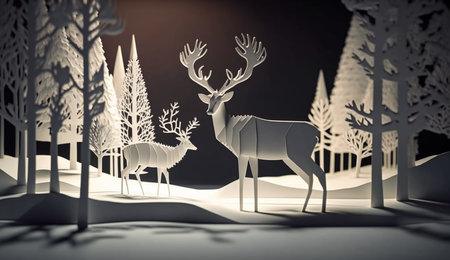 An eye catching illustration of "Paper art and digital craft style of deer in forest with snow in the winter season and Christmas day concept". Created using Generative AI tools.の素材