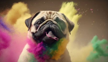 An eye catching illustration of "Holi painted pug kind of smiling on holi festival. celebrating Holi with powder colors or gulal". Created using Generative AI tools.の素材