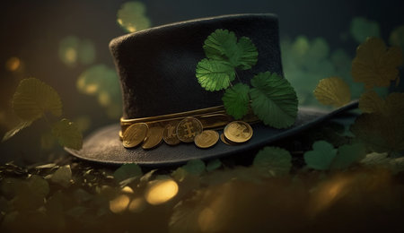 An eye catching illustration of "Leprechaun hat with gold coins and leaf clover with". Created using Generative AI tools.の素材