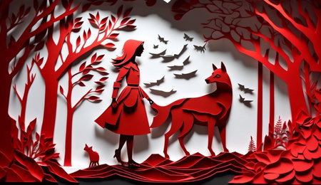 An eye catching illustration of "Red Riding Hood and wolf walking in the woods". Created using Generative AI tools.の素材