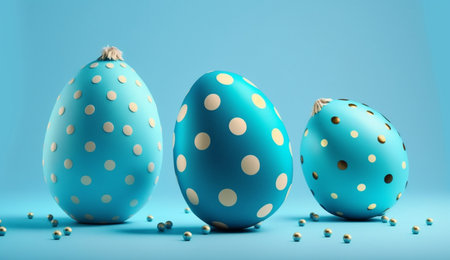 An eye catching illustration of "Easter banner with beautifully painted eggs blue background". Created using Generative AI tools.の素材