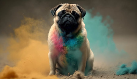 An eye catching illustration of "Holi painted pug kind of smiling on holi festival. celebrating Holi with powder colors or gulal". Created using Generative AI tools.の素材