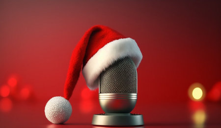 An eye catching illustration of "Microphone with Santa hat and decorations on grey table against red background, space for text. Christmas music". Created using Generative AI tools.の素材