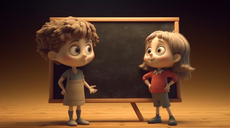 A beautiful illustration of "Two children standing with blackboard next to each other, cartoon illustration". Created using Generative AI tools.の素材