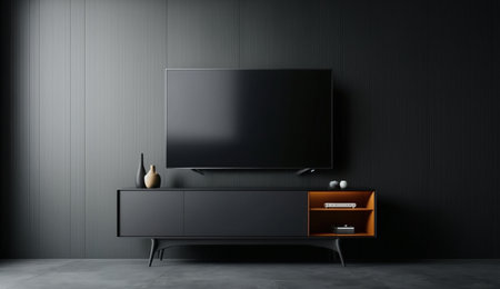 An eye catching illustration of "Tv cabinet in modern empty room on back dark wall background". Created using Generative AI tools.の素材