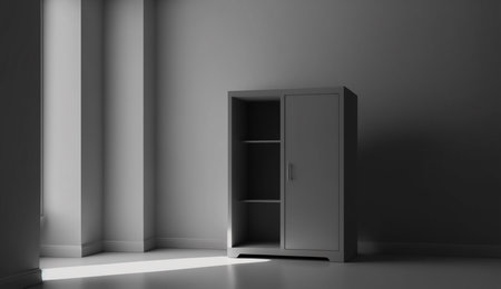 An eye catching illustration of "Cabinet in modern empty room, minimal design". Created using Generative AI tools.の素材